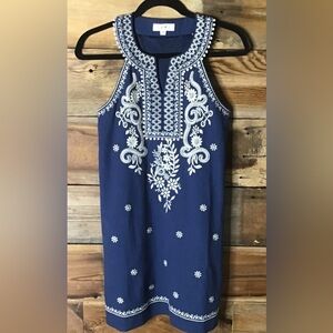 NWT THML Sleeveless Blue Cream Embroidered A-line Mini Dress Size XS